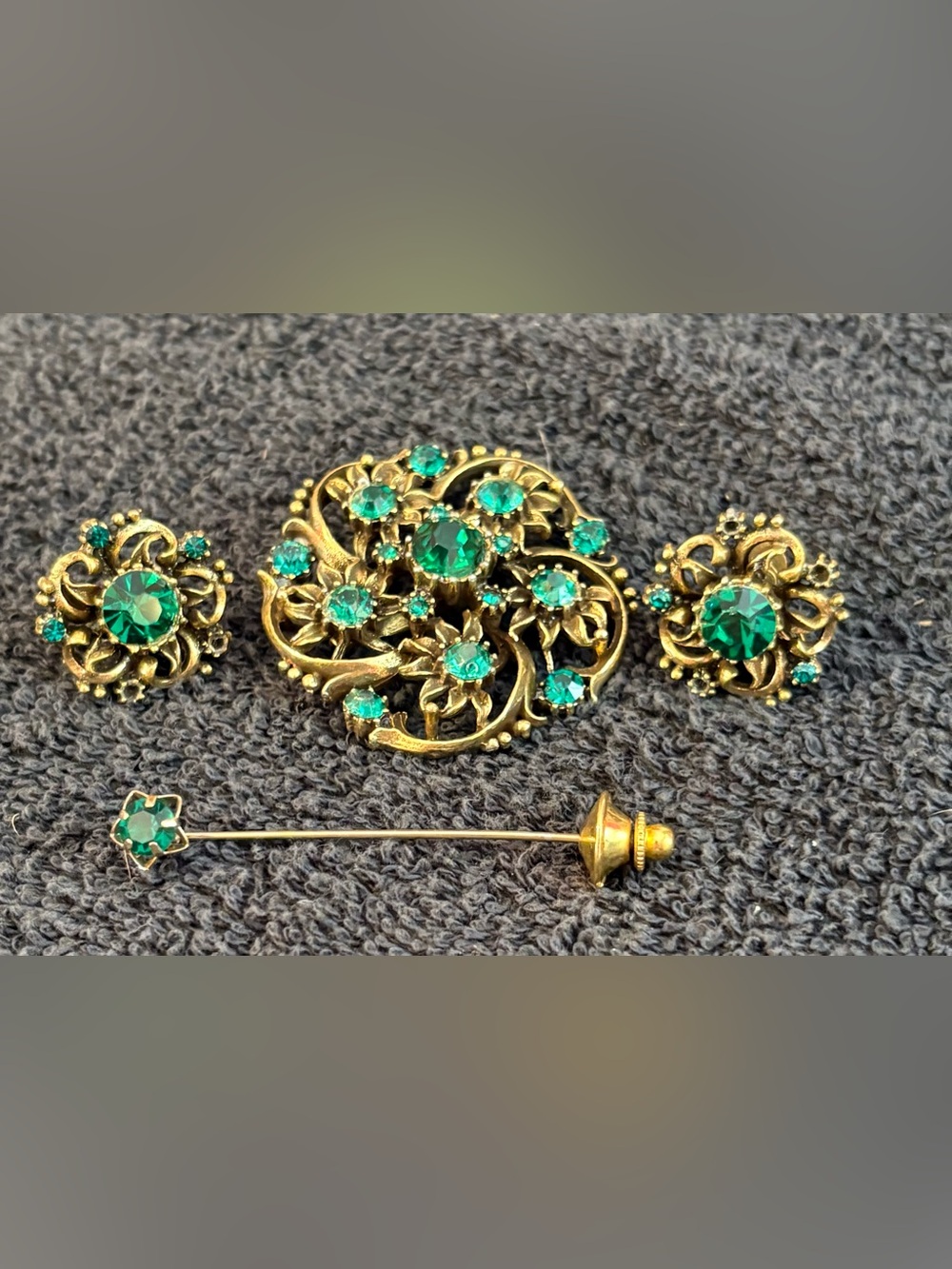 Vintage 40’s-50s Coro Jewelry:  Brooch, Clip-on Earrings, coordinating stick pin